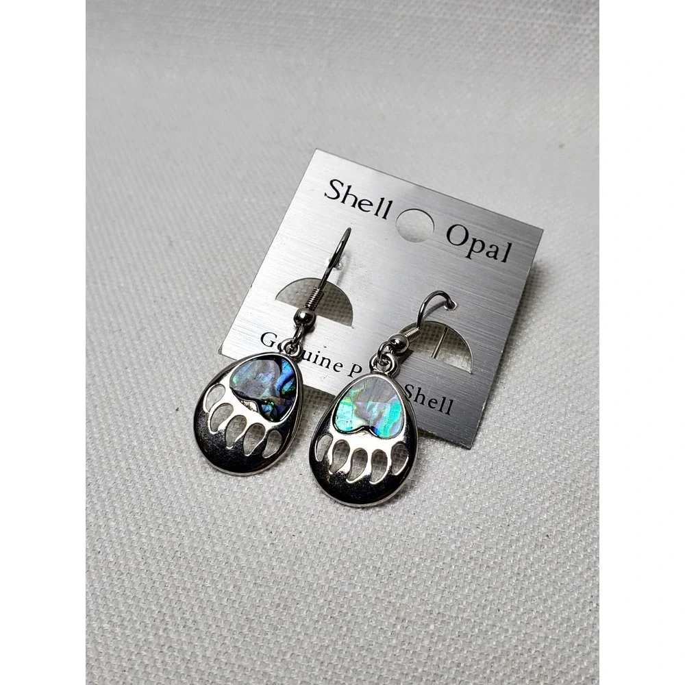 Paua Shell Bear Paw Dangle Earrings Silver Tone Genuine‎ Abalone Iridescent New